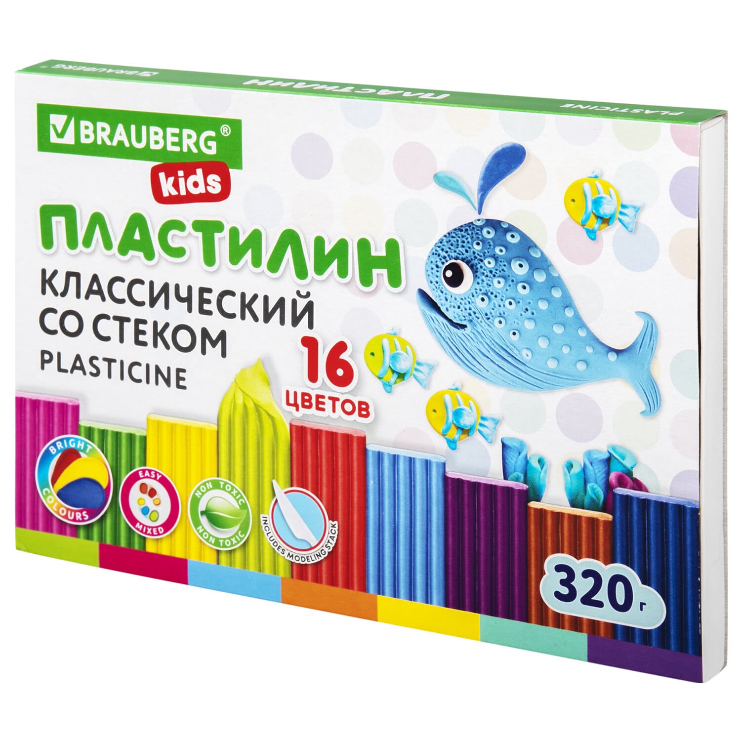 Пластилин 16 цв. BRAUBERG KIDS, 320 г, со стеком, 106508