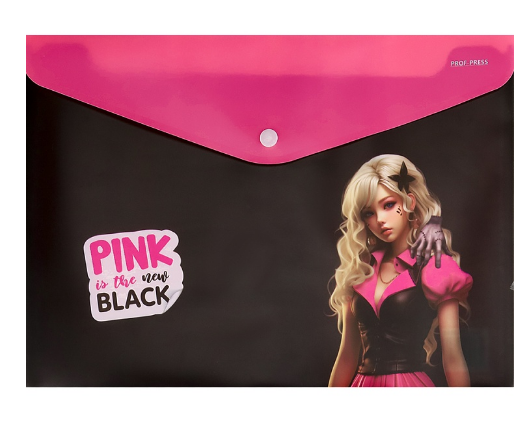 Папка-конверт на кнопке А4, 'Pink&Black', 180 мкм, пластиковая, ПК-2855