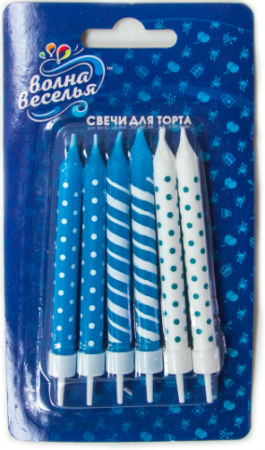 Свечи Голубой микс , 8 см , (6 шт;уп) , с держателем, 126762