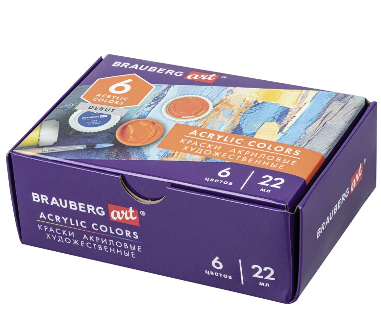 Краски акриловые художественные 'BRAUBERG ART', 6 цветов, по 22 мл, 192297