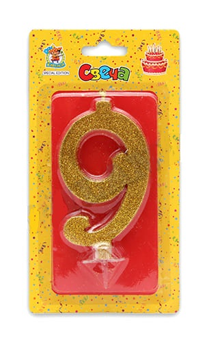 Свеча для торта 'Цифра 9. Золотой глитер' Миленд, картон. уп., европодвес, С-1901