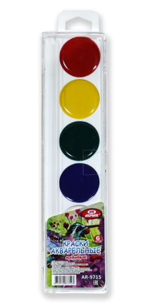 Акварельные краски 6 цв, медовые, пласт. уп., европодес, без кисти, AR-9715