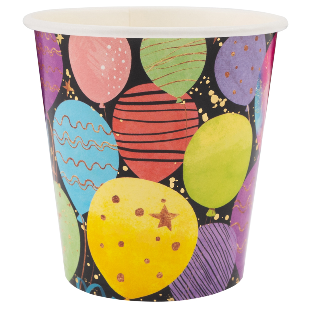 Стаканы (250 мл) С Днем Рождения! (воздушные шары), Черный, Металлик, 6 шт., 6233342