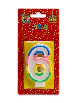 Свеча для торта 'Цифра 6 Разноцветная оконтовка с блёстками' Миленд европодвес С-2421